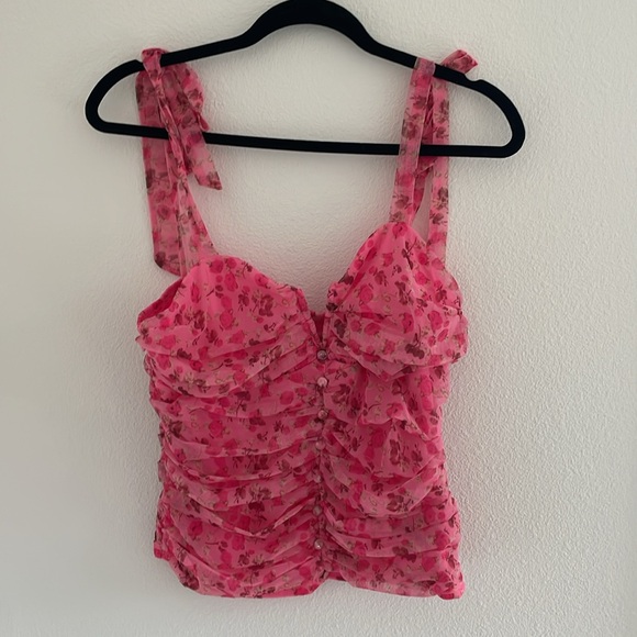 Lulus Flirtatious Sweetness Pink Floral Ruched Mesh Tie-strap Top - Size XL - Picture 4 of 4